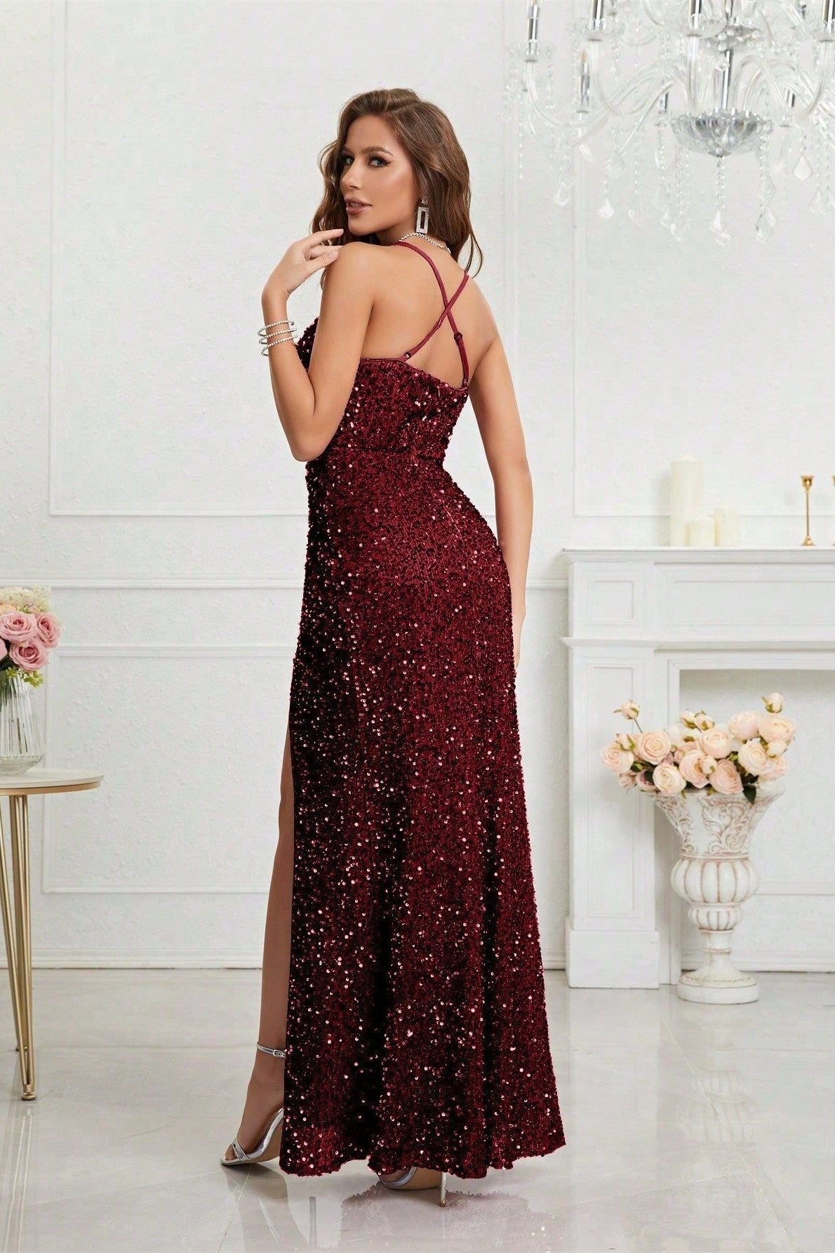V Neck Slit Sequin Slip Prom Dress