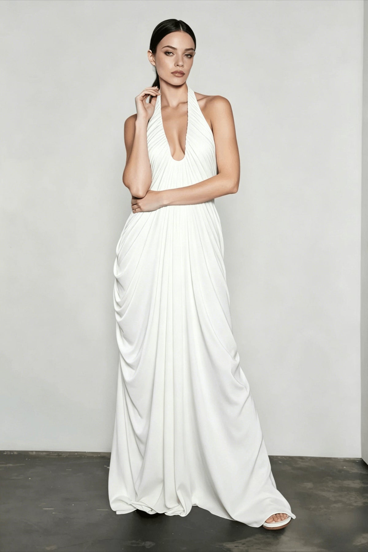 Halter Neck Deep V-Neck Draped Ruched Hip Column Maxi Gown