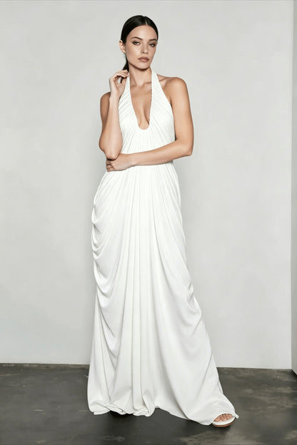 Halter Neck Deep V-Neck Draped Ruched Hip Column Maxi Gown