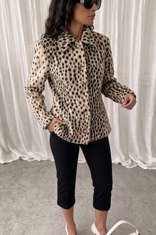 Nasha Faux Fur Leopard Print Button Up Long Sleeve Lapel Jacket