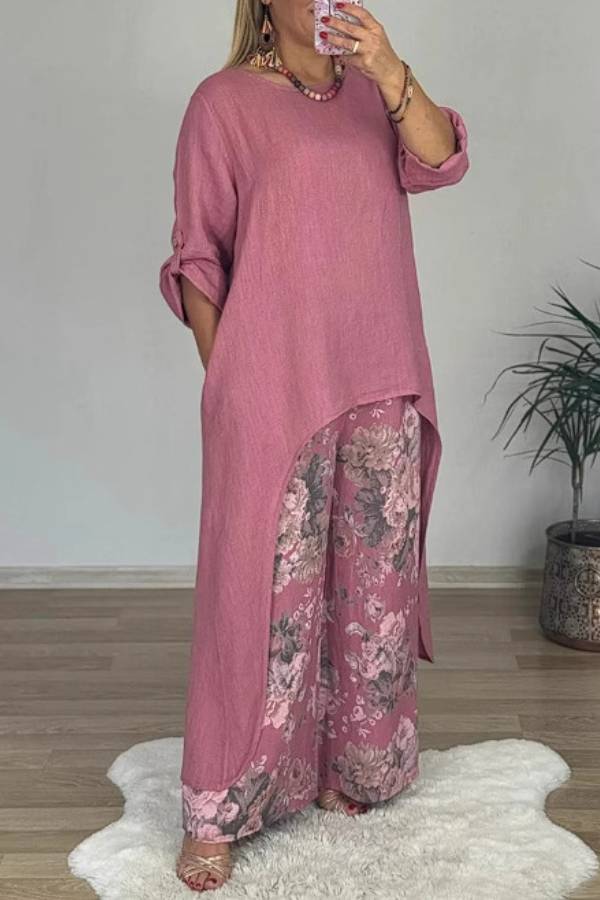 Irregular Linen Tunic & Vintage Floral Wide Leg Pant 2-Piece Set