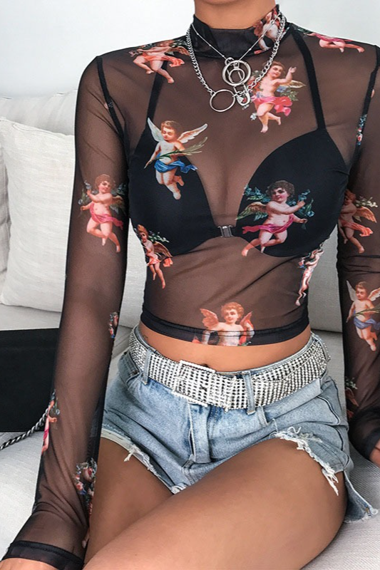 Mock Neck Cupid Print Mesh Long Sleeve Crop Top