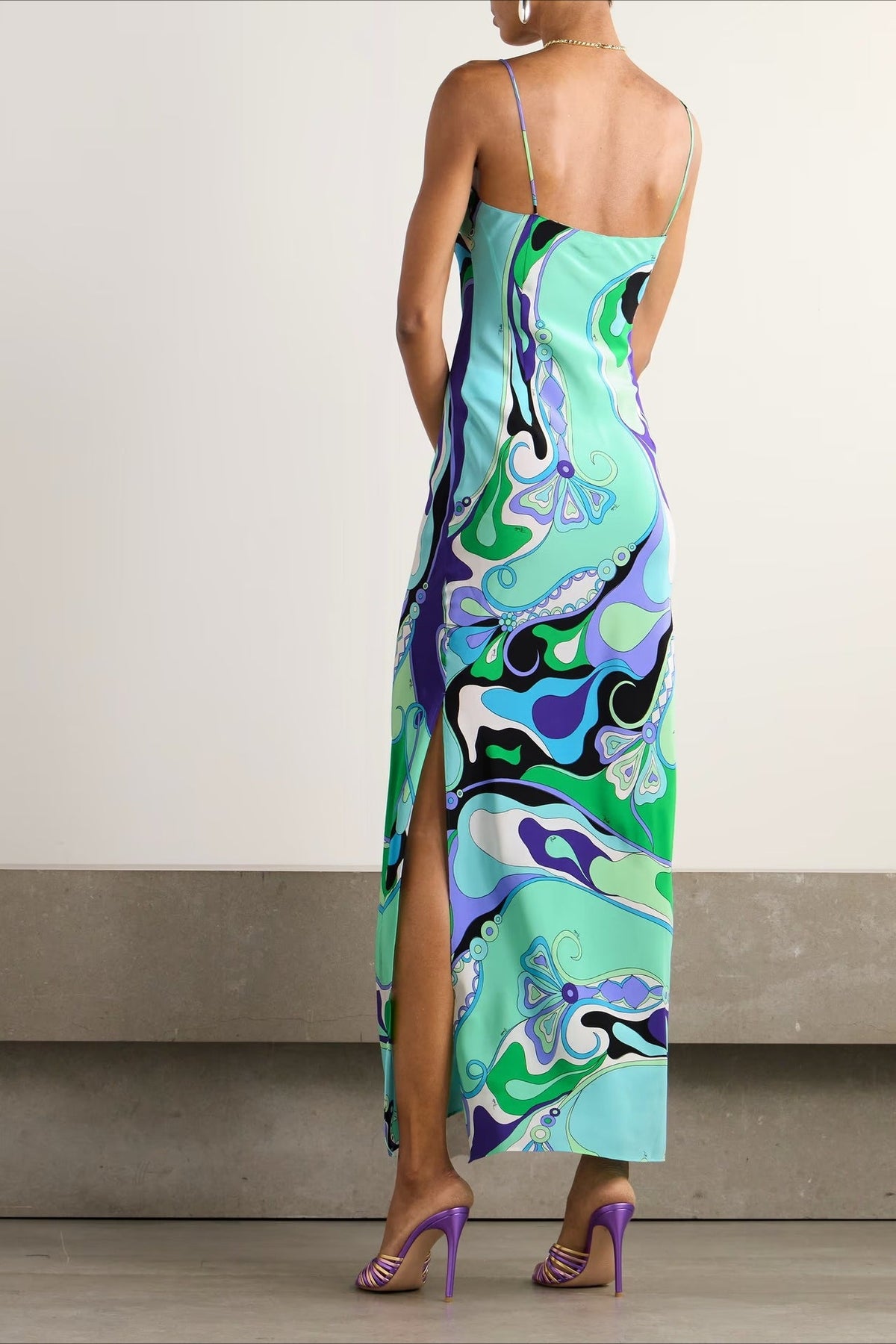 Printed Satin Cami Slit Silk Dress