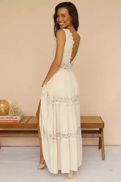 Elegant Lace V Neck Mid Rise Boho Dress