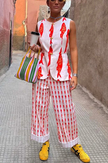 Good Luck Linen Blend Koi Pattern High Rise Elastic Waist Loose Pants