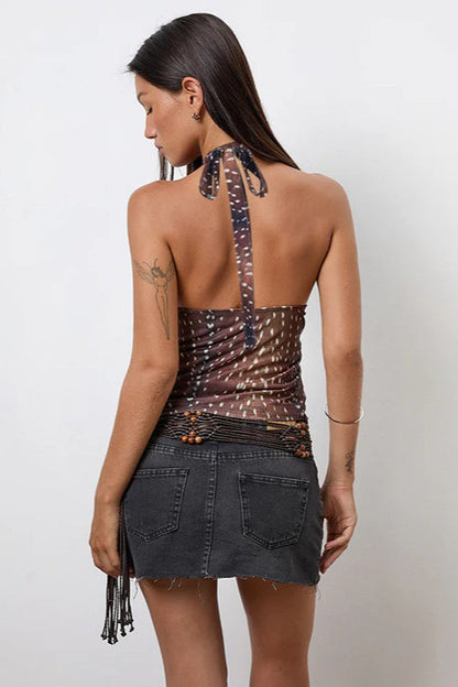 Deer Print V Neck Sleeveless Halter Top