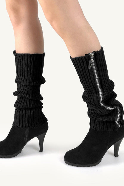 Ribbed Knit Zipper Chunky Leg Warmers
