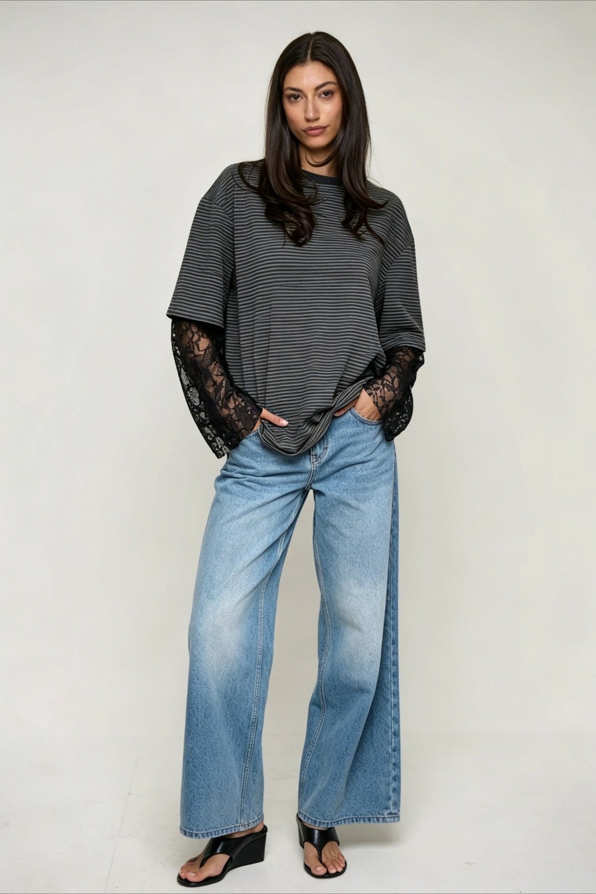 Lace Sleeve Striped Layered Tee