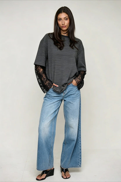 Lace Sleeve Striped Layered Tee