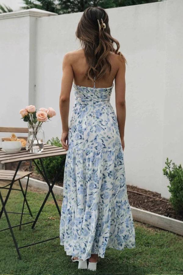 Multi-Color Floral Halter Backless Tiered Maxi Dress