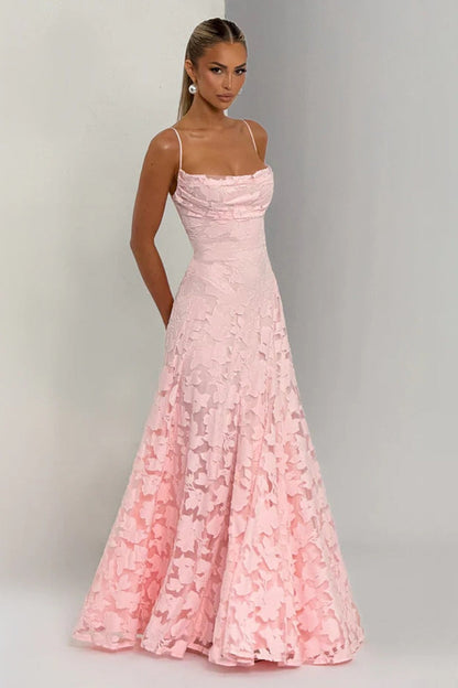 Floral Lace Spaghetti Strap Open Back Tiered Maxi Dress