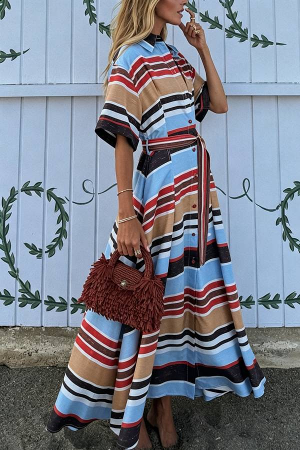 Josephine Colorful Stripes Button Up Wide Sleeve Belt Pocket Shirt Midi Dress