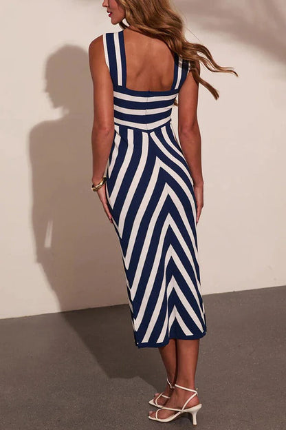 Coastal Americana Knit Striped Cross Halter Neck Stretch Midi Dress