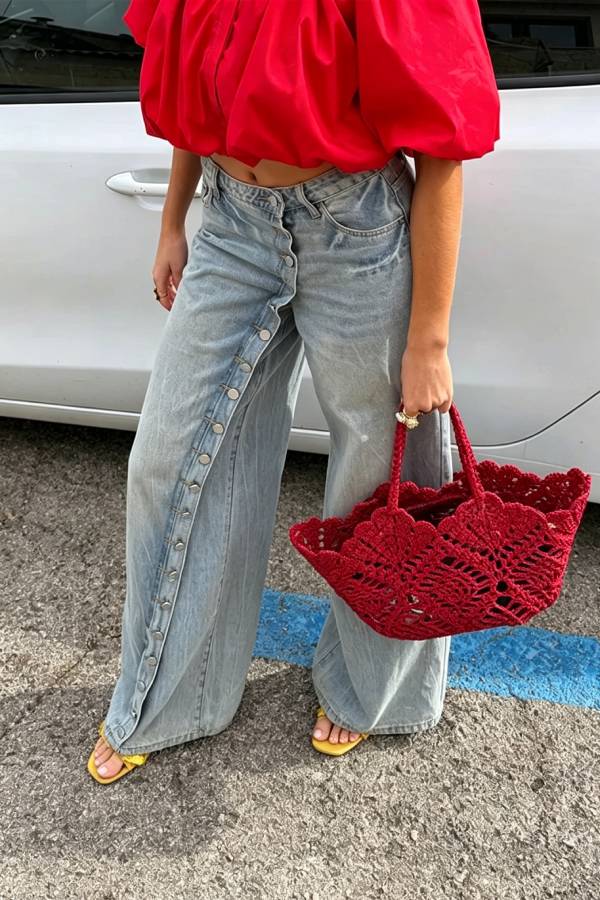 Diagonal Placket Button-down Jeans
