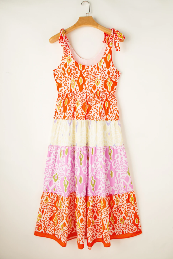 Orange Knotted Straps Leopard Colorblock Tiered Dress