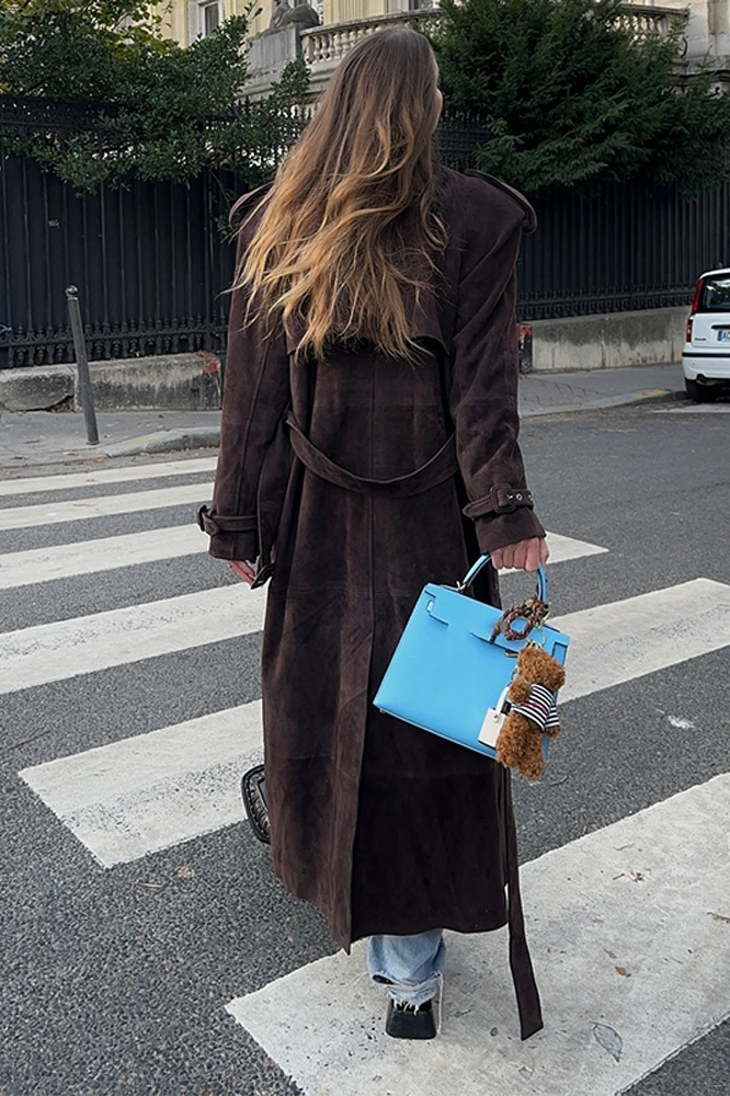 Wool Double Breasted Notched Lapel Tied Waist Overcoat