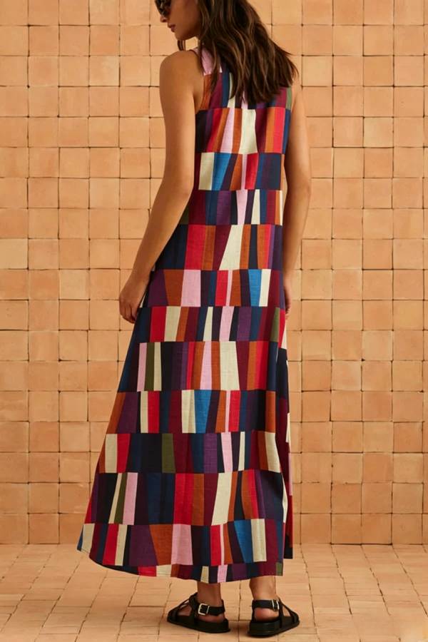 Retro Chic Linen Blend Colorful Color Block High Round Neck Sleeveless Maxi Dress
