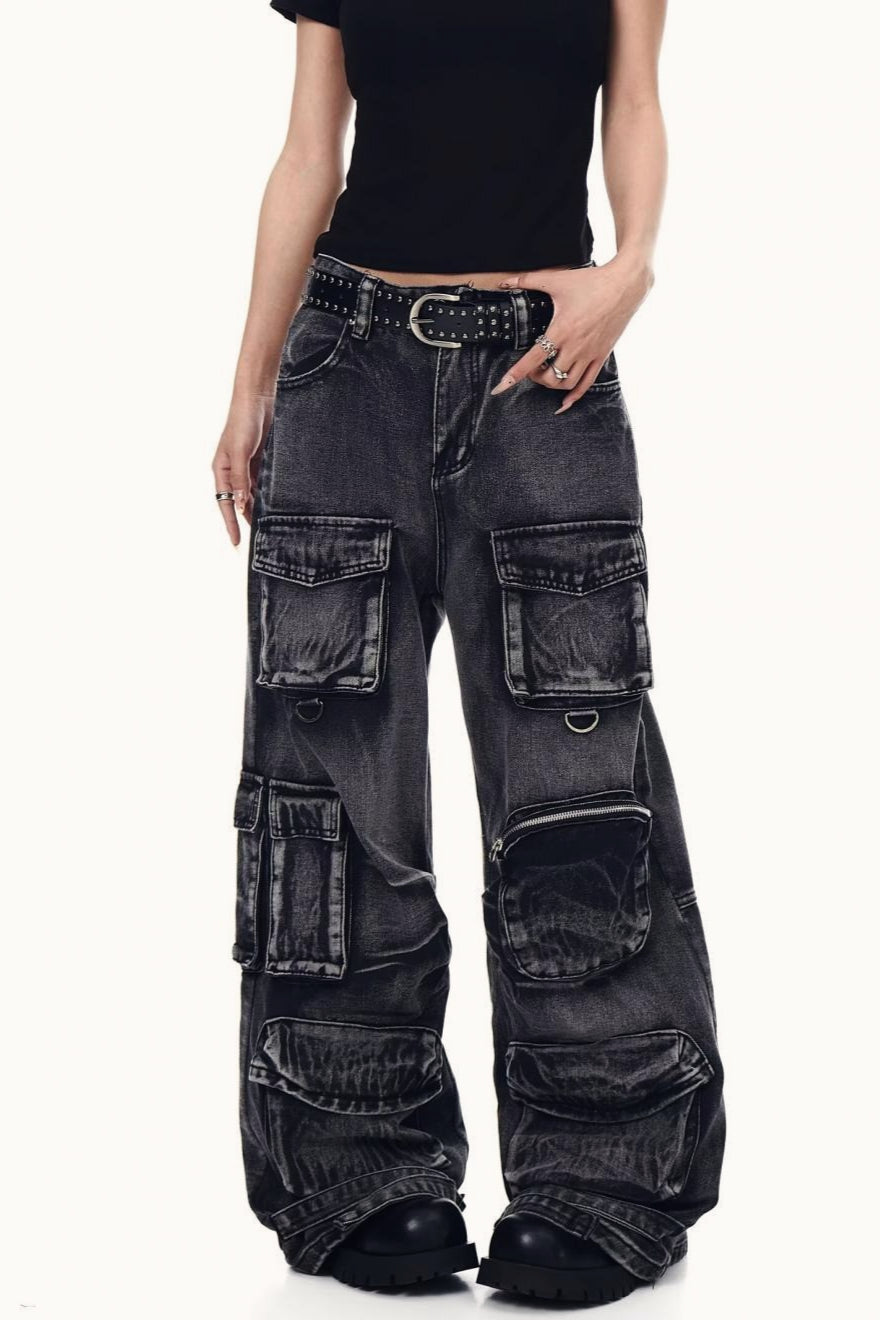 Distressed Washed Utility Multi Pocket Loose Jeans