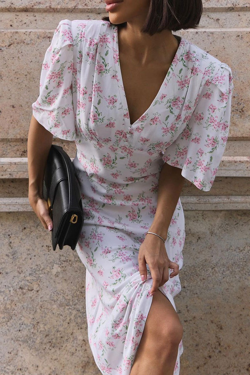 V Neck Short Sleeve Maxi Floral Dress