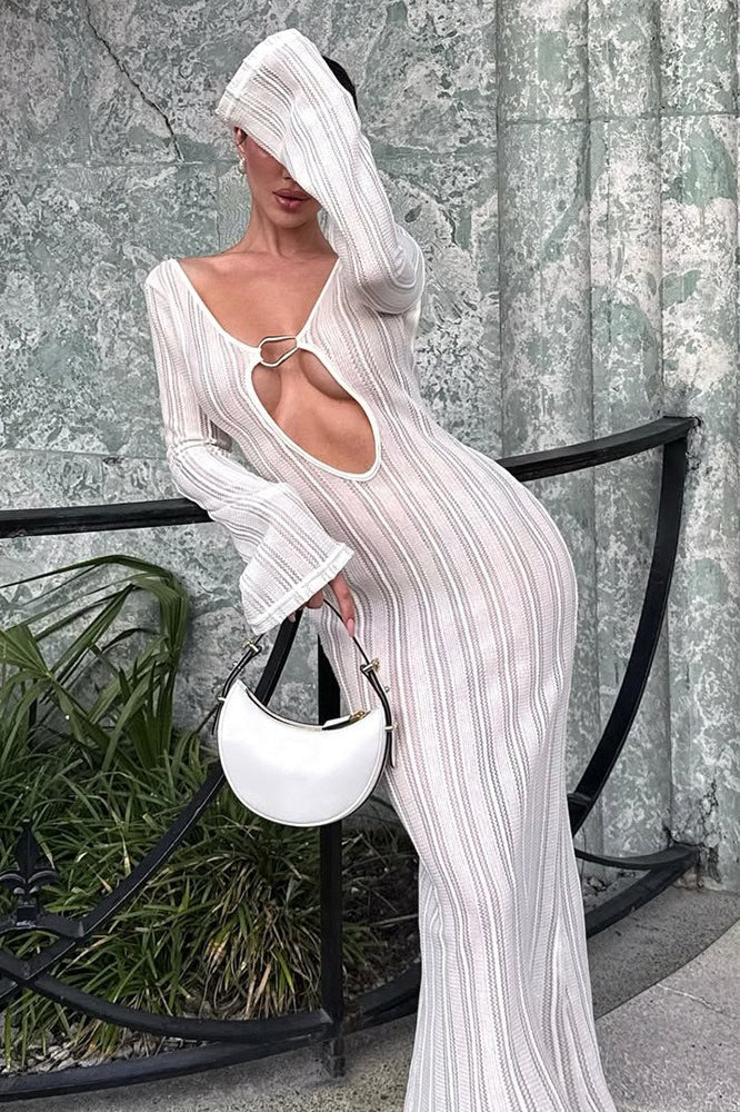 Fitted Backless Cut Out Flared Sleeve Sweater Dress
