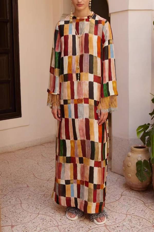 Color Block Geometric Print Long Dress with Tassel Cuffs