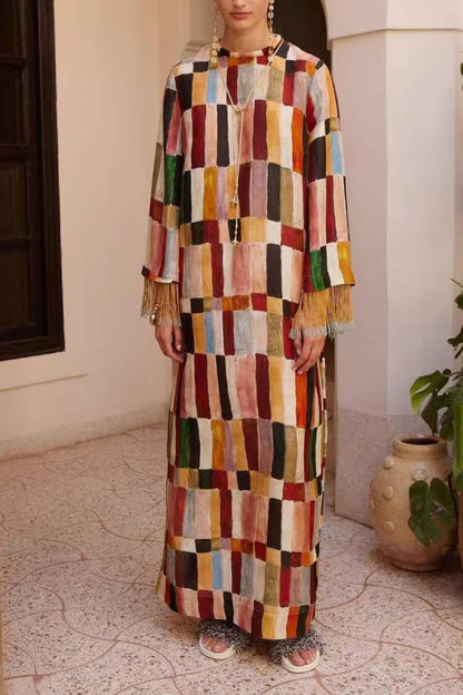 Color Block Geometric Print Long Dress with Tassel Cuffs