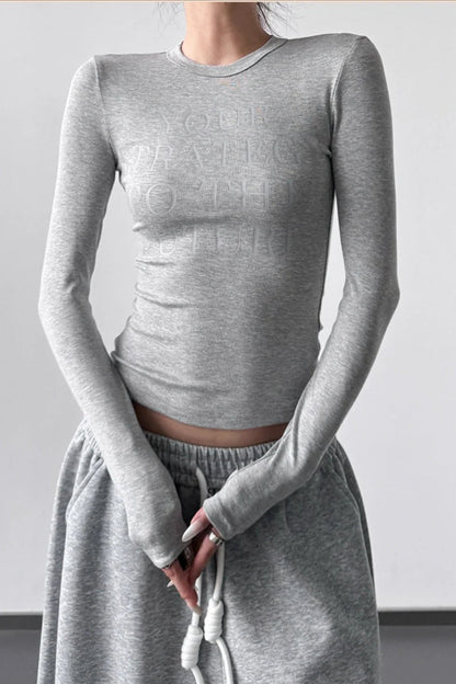 Letter Print Slim Short Long Sleeve Crop Top