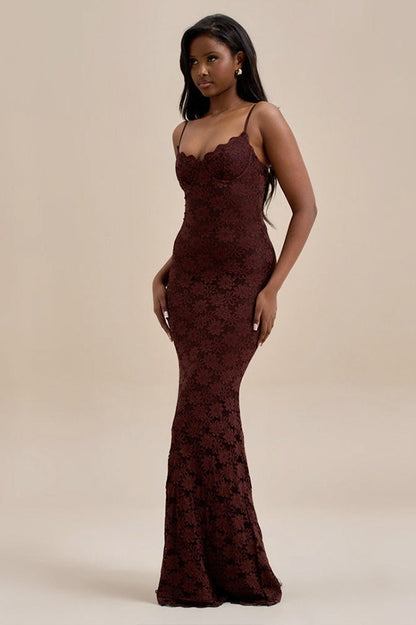 Spaghetti Strap Sweetheart Lace Bustier Mermaid Maxi Dress