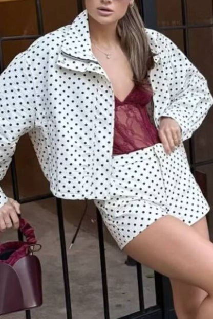 Polka Dot Print Stand Collar Zip-Up Drawstring Cropped Jacket