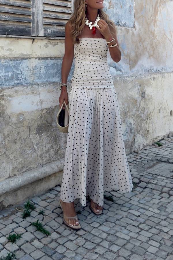 French Polka Dot Strapless Tulle Maxi Dress