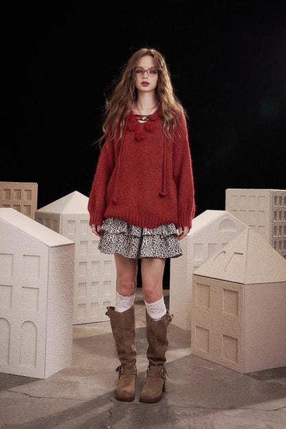 Embroidered Rose V Neck Knit Sweater