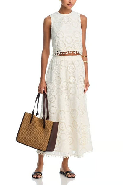 Nice Try Embroidered Crochet Lace Tassle Trim Crop Tank Top