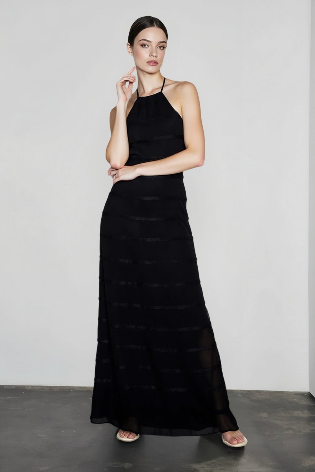 Chiffon Halter Neck Horizontal Tiered Ruched Maxi Dress