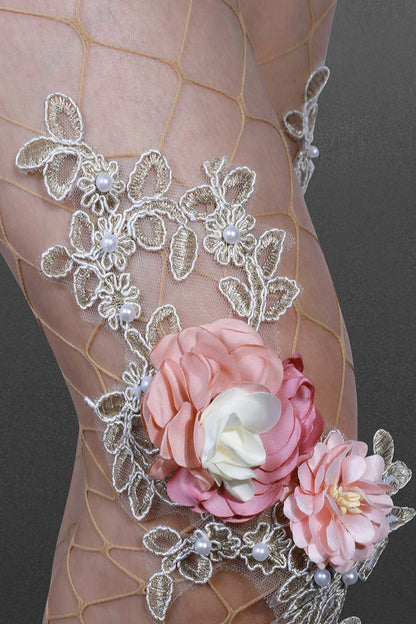 Embroidered Flower Pearl Nude Fishnet Tights