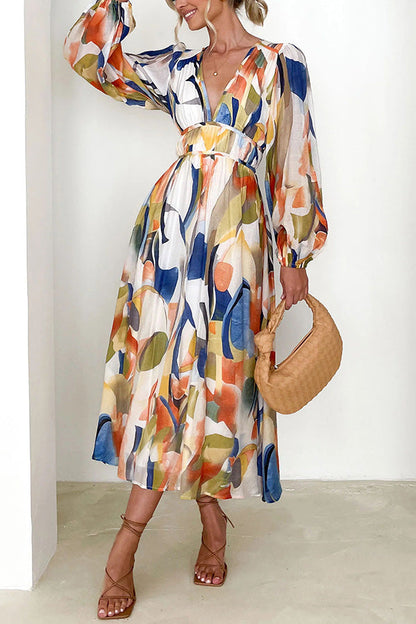Abstract Watercolor Print Deep V-Neck Lantern Sleeve Smocked Waist Midi Dress