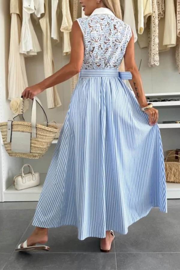 Retro Lace-Trimmed Splicing Striped Print Button-Down Maxi Dress