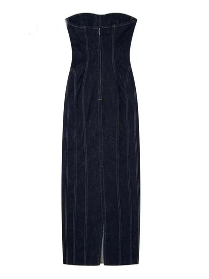 Black Strapless Bustier Contrast Stitch Panel Denim Midi Dress