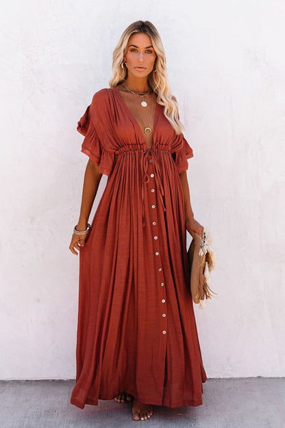 Plunging V-Neck Flutter Sleeve Tie Front Button Pocket Maxi Dress