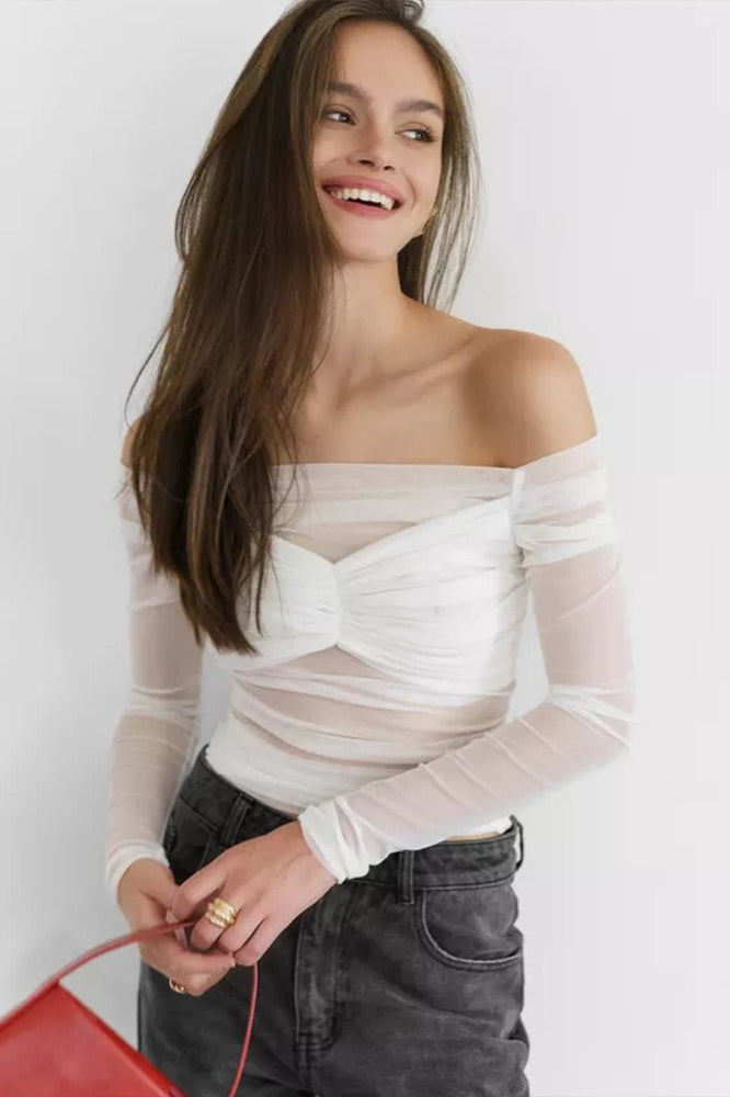 Off Shoulder Sheer Mesh Bodycon Long Sleeve Tee
