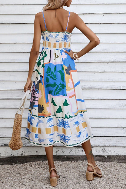 Abstract Floral Print Square Neck Spaghetti Strap Smocked Back Pocket Midi Dress