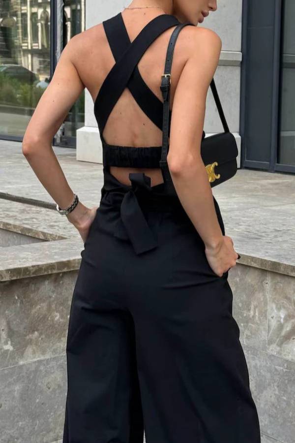 Cross-Band Sleeveless Waist Top & Wide Leg Pants Set