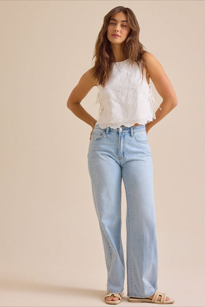 Solid Embroidered Sleeveless Round Neck Crop Top