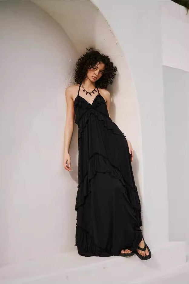 Solid Color V Neck Backless Strappy Boho Dress