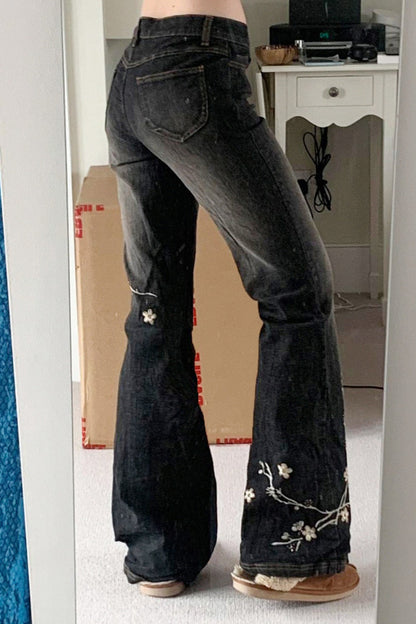 Floral Embroidered Low Rise Flare Jeans