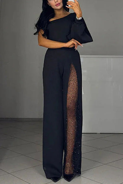 Stylish One Shoulder Slit Long Sleeve Mesh Splice Wide Leg Jumpsuit