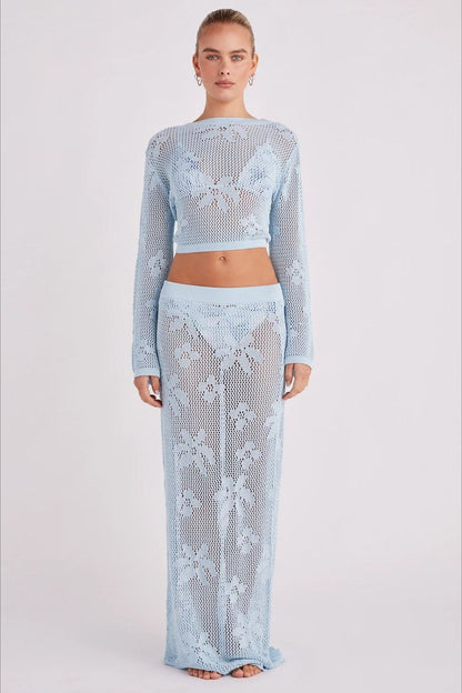 Crochet Knit Reversible Crop Top Skirt Set