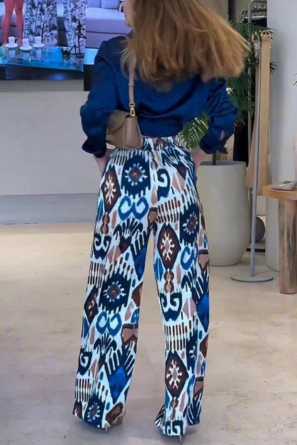 Emelia Unique Print Back Elastic Waist Pocket Wide Leg Pants