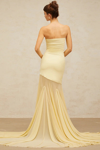Pale Mesh Panel Strapless Gown Prom Dress