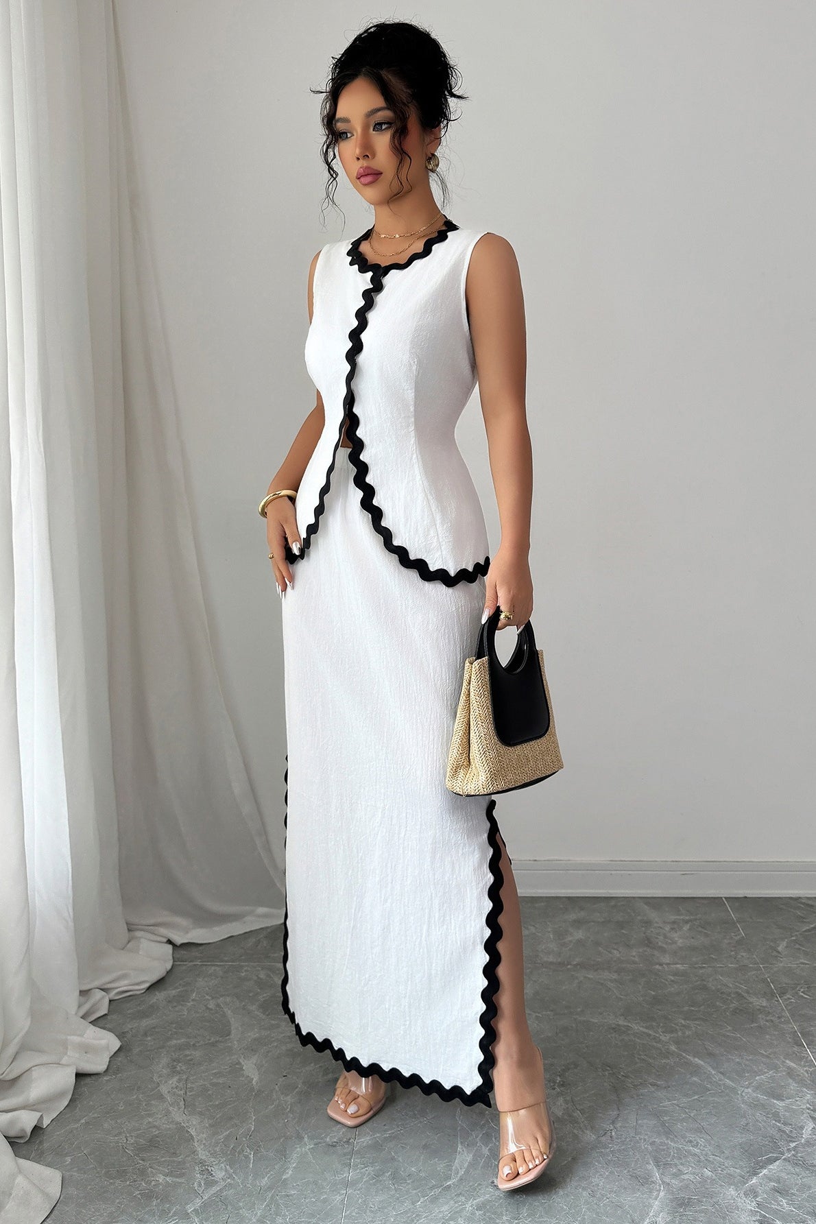 Romantic Lace Trim Vest High Waist Skirt Set