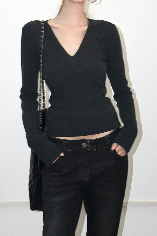 Tailored V-Neck Wool Blend Knit Top